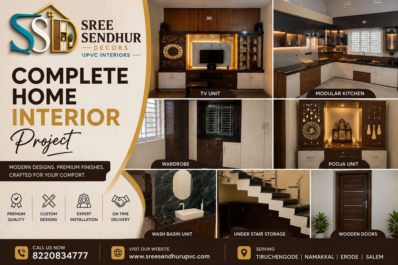 Complete Home Interior Project | Sree Sendhur Decors Complete Home Interior Project by Sree Sendhur Decors featuring TV Unit, Modular Kitchen, Wardrobe, Pooja Unit, Wash Basin Unit, Under Stair Storage and Wooden Doors