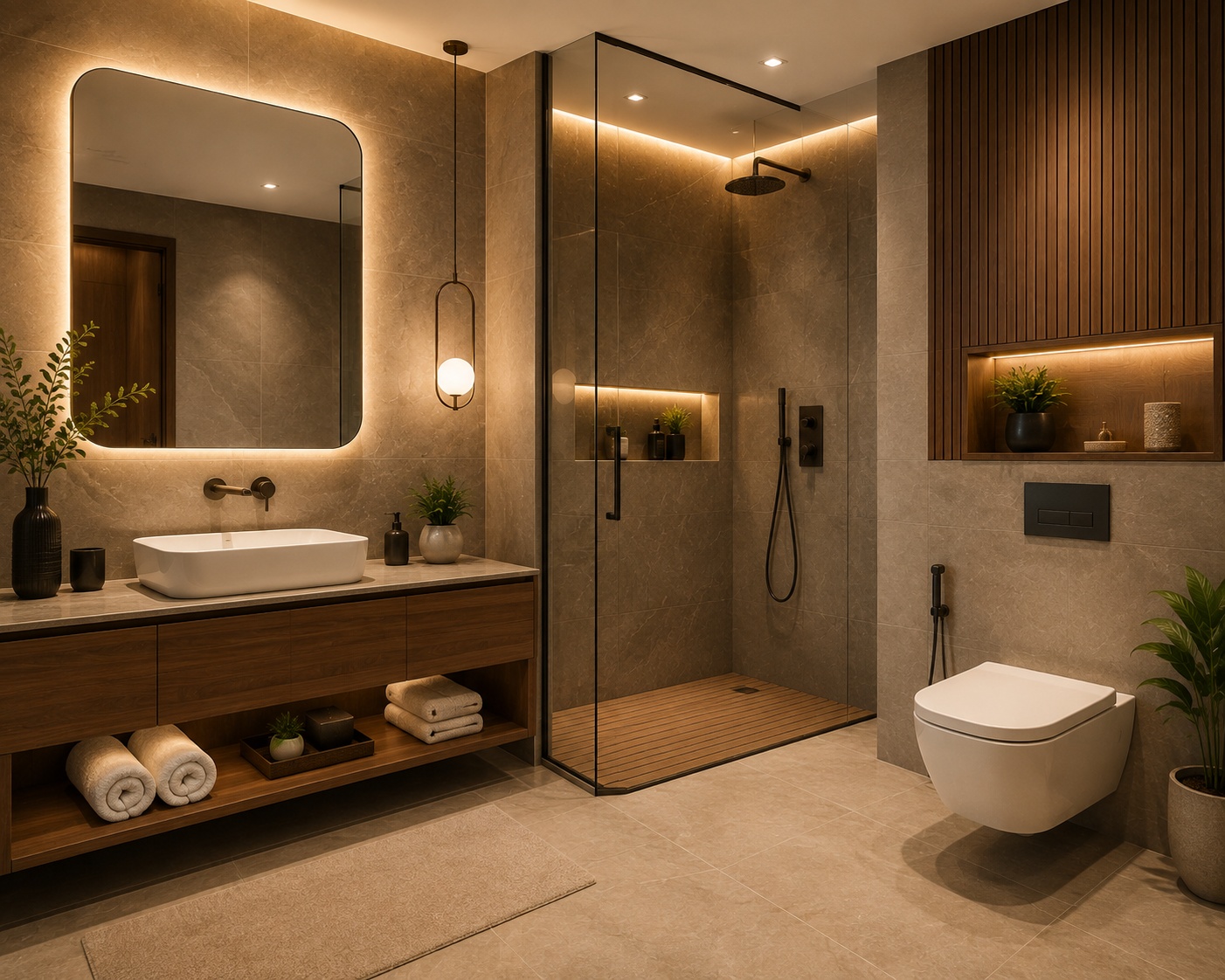 Modern luxury bathroom interior with elegant vanity and warm lighting