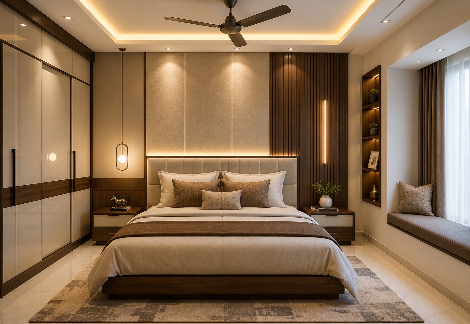 Modern bedroom interior design with elegant furniture and warm lighting