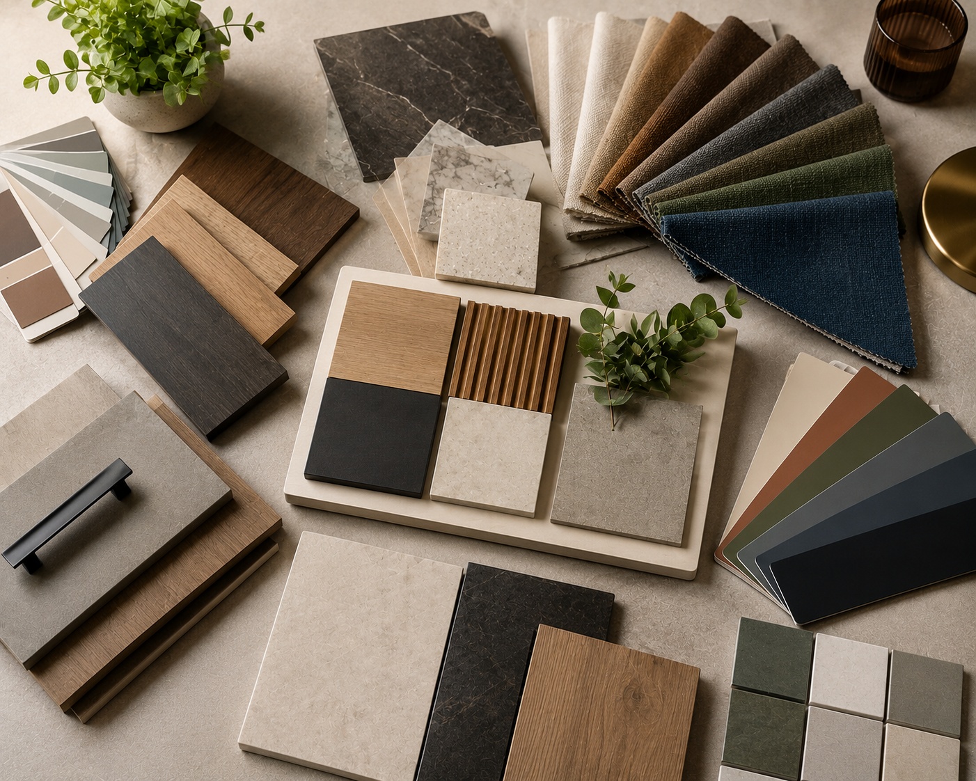 Interior design colour and material selection with wood, marble and fabric samples