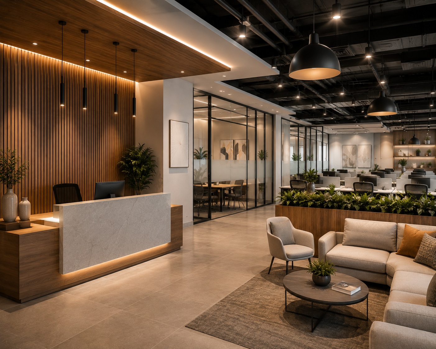 Modern commercial office interior design with reception and workspace