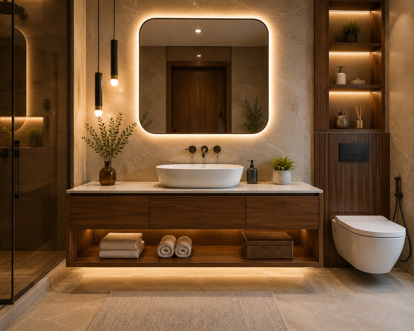 Custom bathroom vanity unit with modern storage and elegant finishes