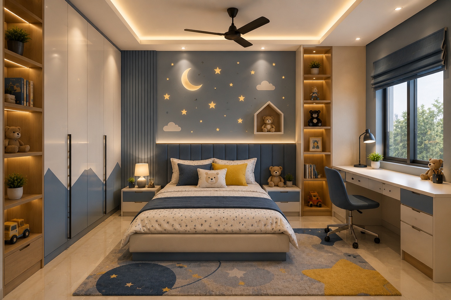 Modern kids bedroom interior design with functional storage and study space