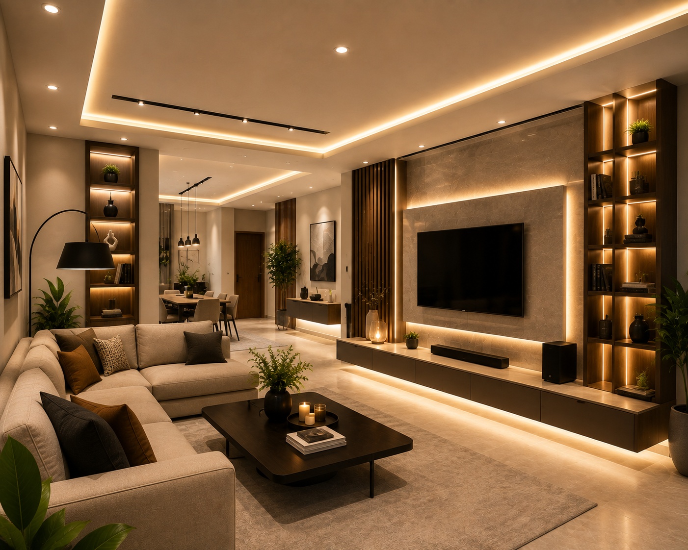 Modern interior design with layered ambient, accent and LED lighting