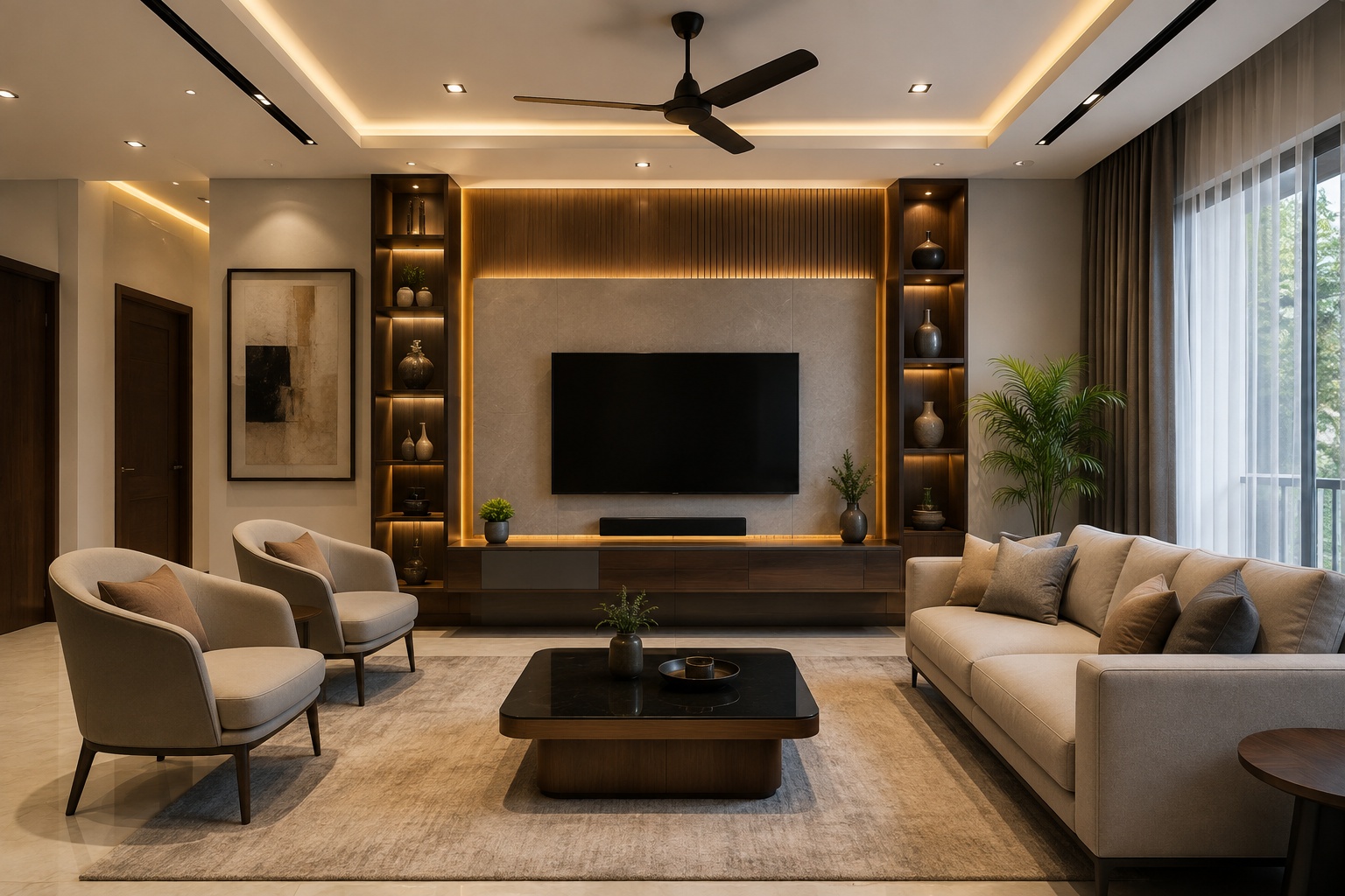 Modern living room interior design with stylish furniture and warm lighting