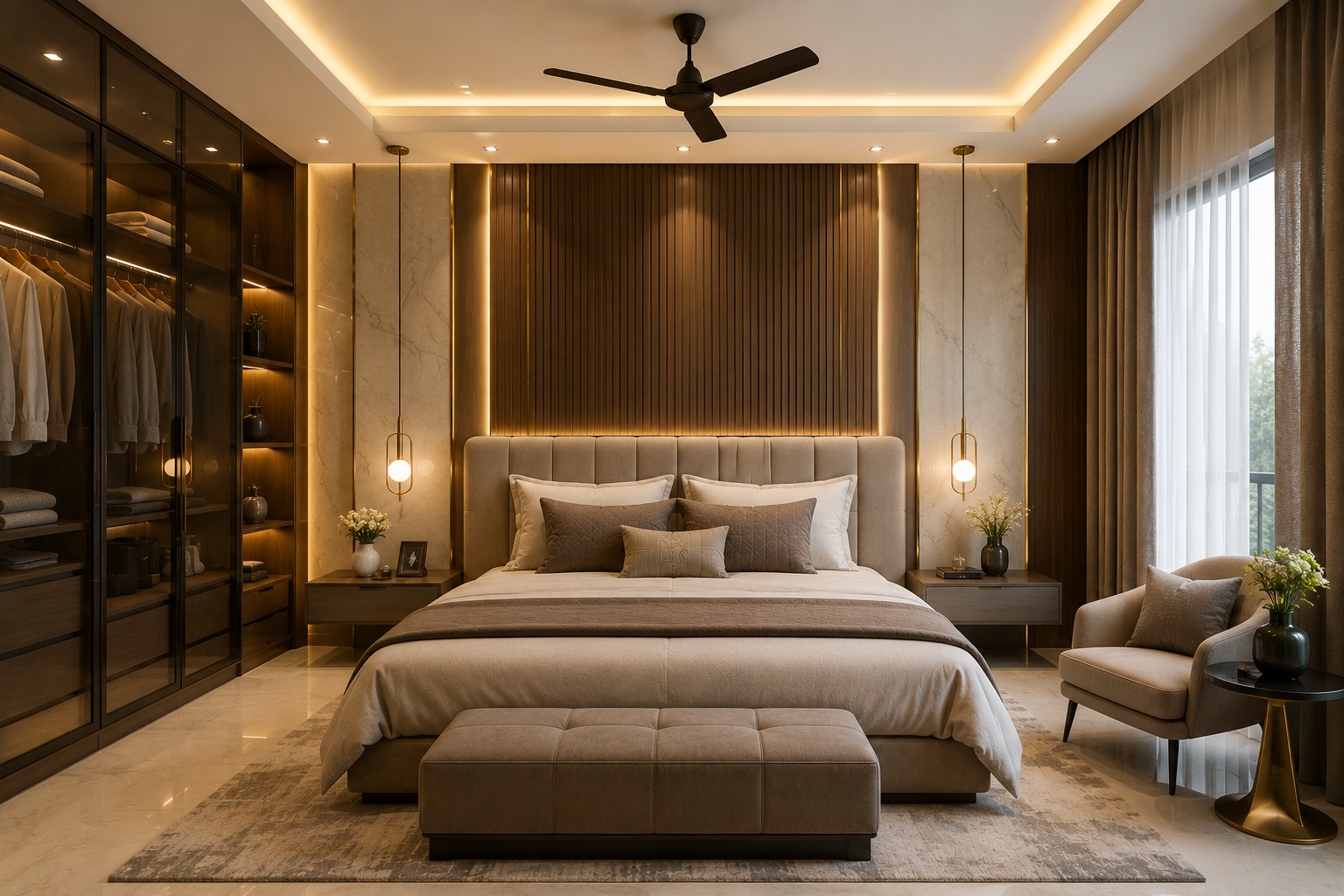 Luxury master bedroom interior with modern wardrobe and warm lighting