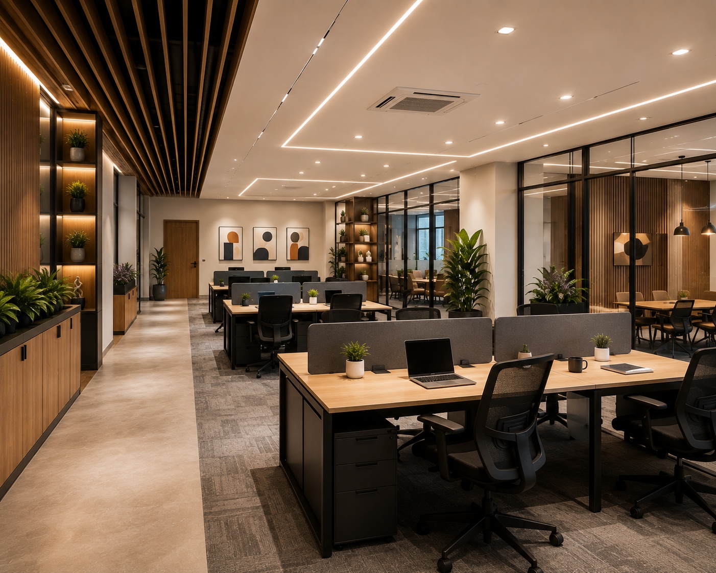 Modern office interior design with workstations, glass partitions and lighting