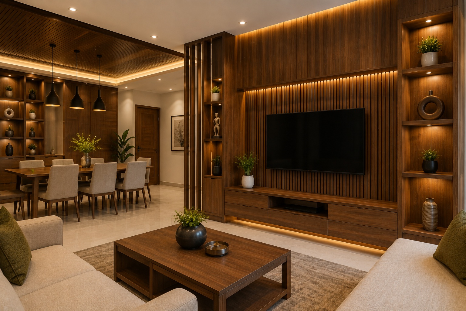 Premium wooden interior design with warm finishes and modern furniture