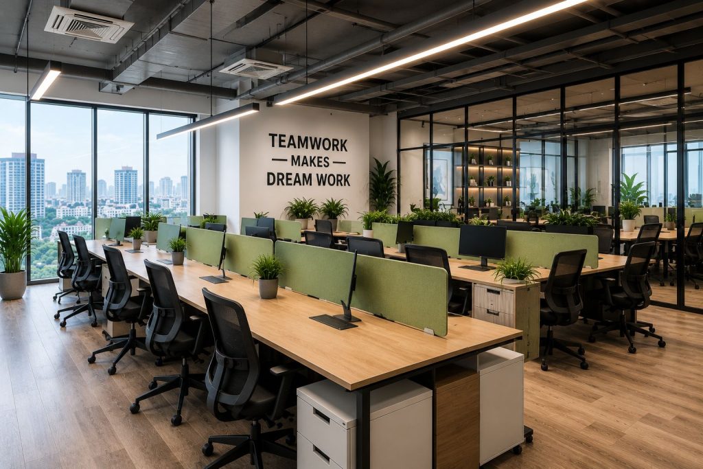 Open office layout with collaborative workstations, modern furniture, natural lighting, and contemporary office interiors.