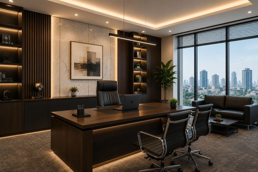 Luxury executive office interior with premium wooden furniture, marble desk, ambient lighting, and modern corporate office design.