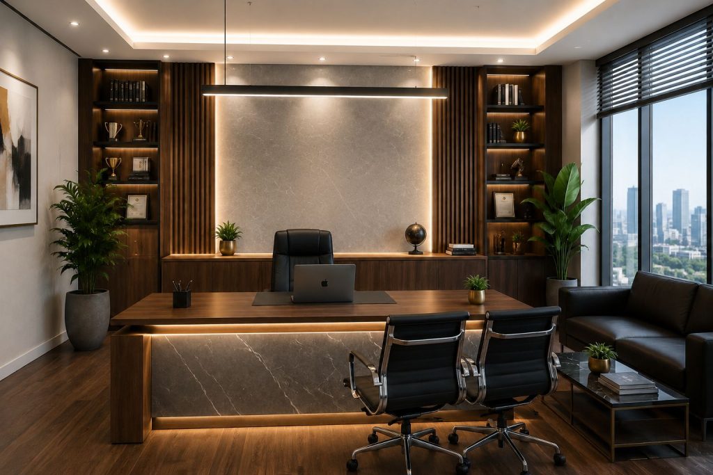 Modern office reception area with elegant reception desk, premium lighting, and stylish commercial interior design.
