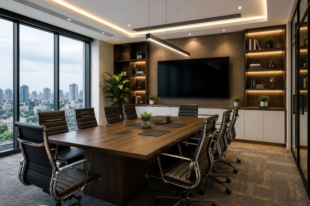 Luxury conference room with modern meeting table, ergonomic chairs, LED lighting, and contemporary office interior design.