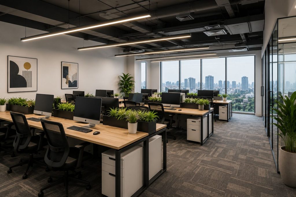 Modern office workspace with ergonomic furniture, open layout, natural lighting, and contemporary commercial interior design.