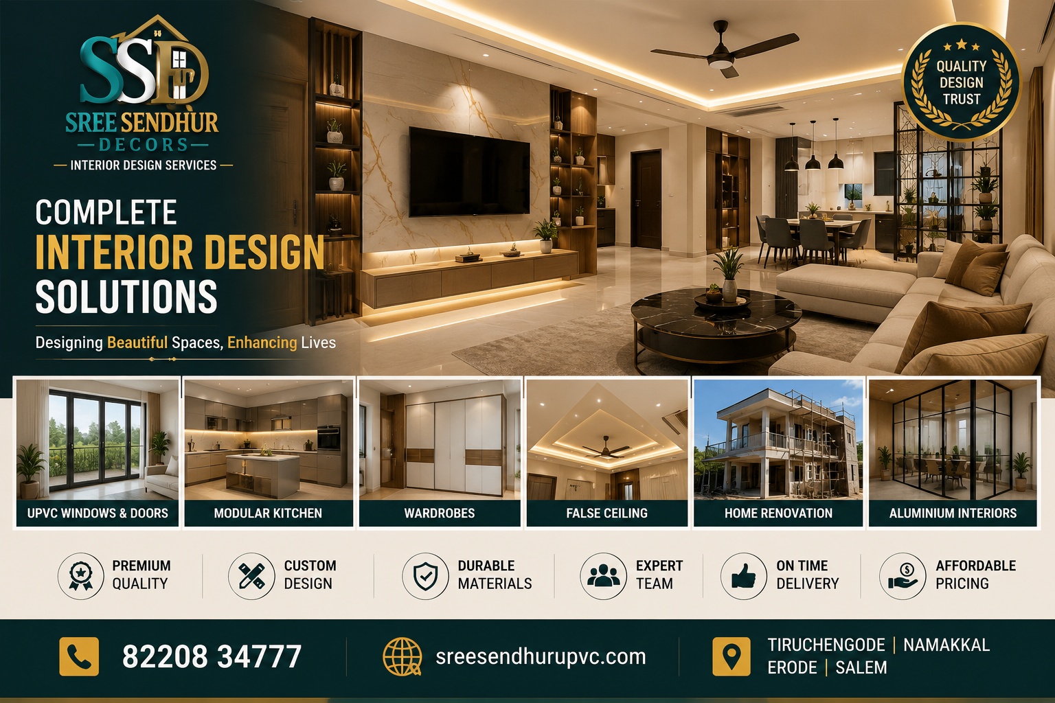 Premium Interior Design Services by Sree Sendhur Decors – UPVC Windows, Modular Kitchen, Wardrobes, False Ceiling & Home Renovation