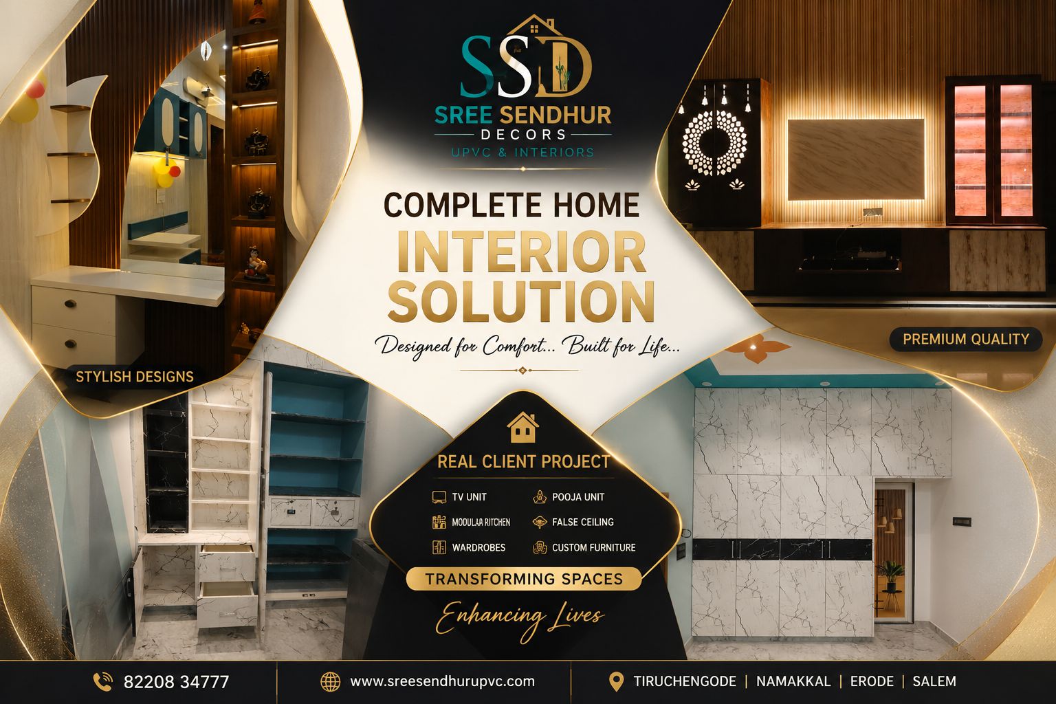 Complete Home Interior Project | Sree Sendhur Decors Complete Home Interior Project by Sree Sendhur Decors – TV Unit, Modular Kitchen, Wardrobe, False Ceiling & Custom Furniture