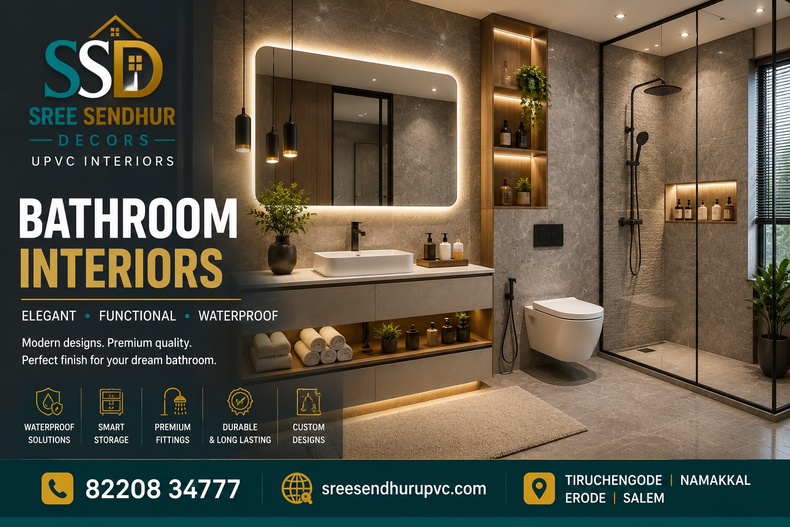 Modern Bathroom Interior Design by Sree Sendhur Decors with luxury vanity, shower area and premium storage solutions.