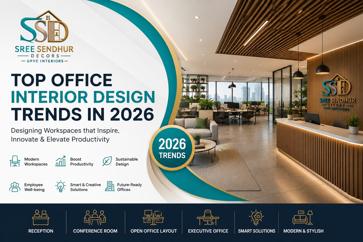Top Office Interior Design Trends in 2026 | Modern Office Interiors | Sree Sendhur Decors Modern office interior design featuring a stylish reception area, open office workspace, conference room, executive office, and contemporary office furniture by Sree Sendhur Decors in 2026.