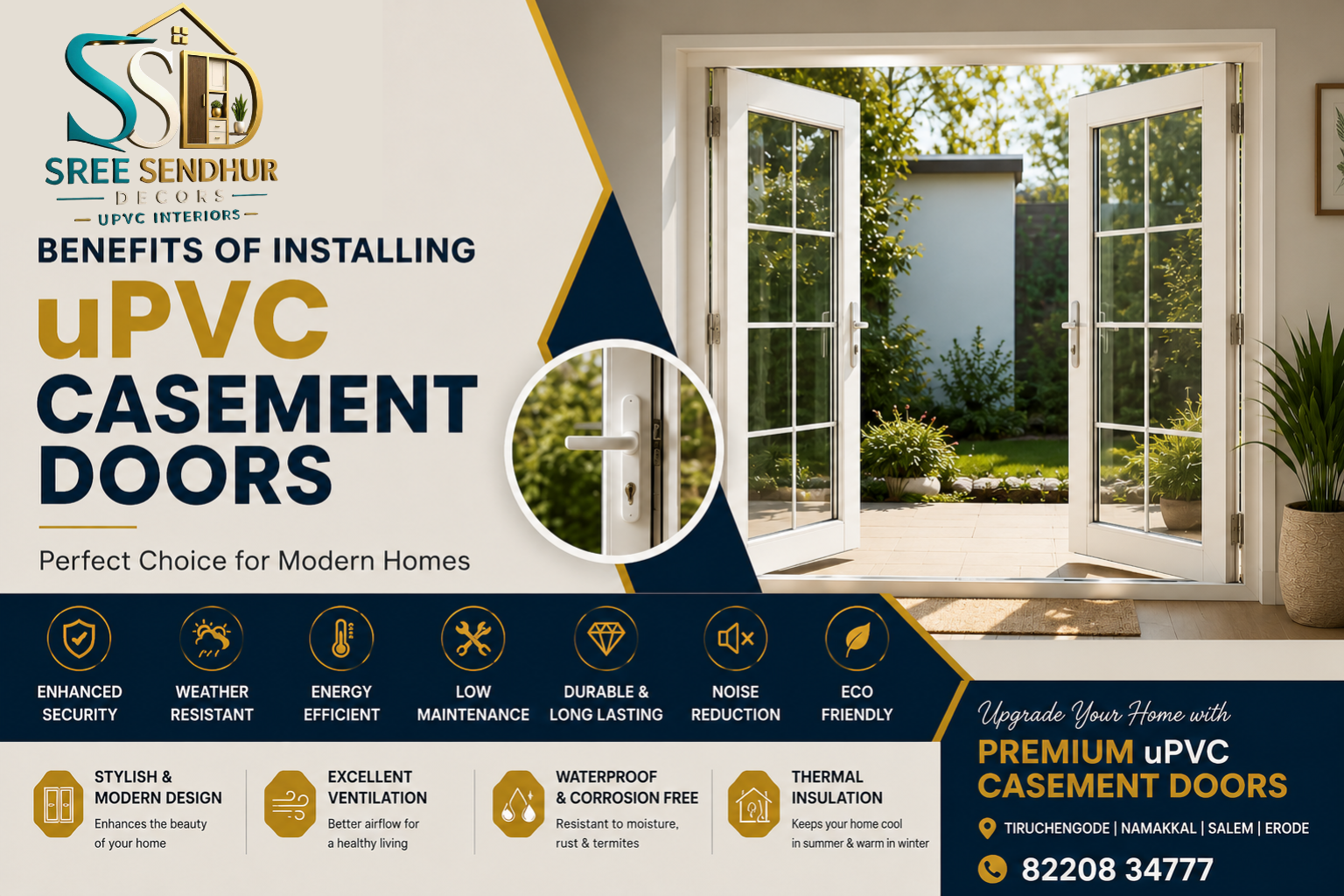 Benefits of Installing uPVC Casement Doors with modern white uPVC doors in a luxury home by Sree Sendhur Decors uPVC Interiors.
