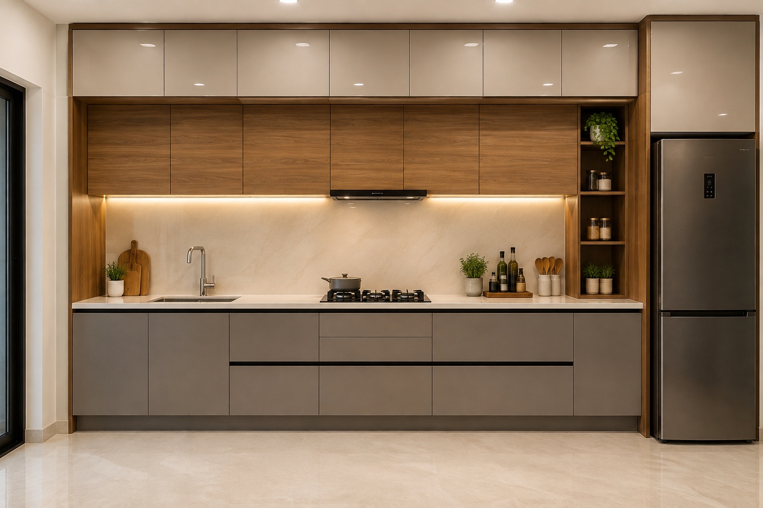 Modern straight modular kitchen design with smart storage and stylish cabinets