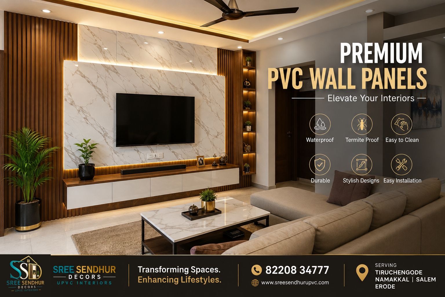 Modern living room featuring premium PVC wall panels with elegant wooden finish and contemporary interior design.