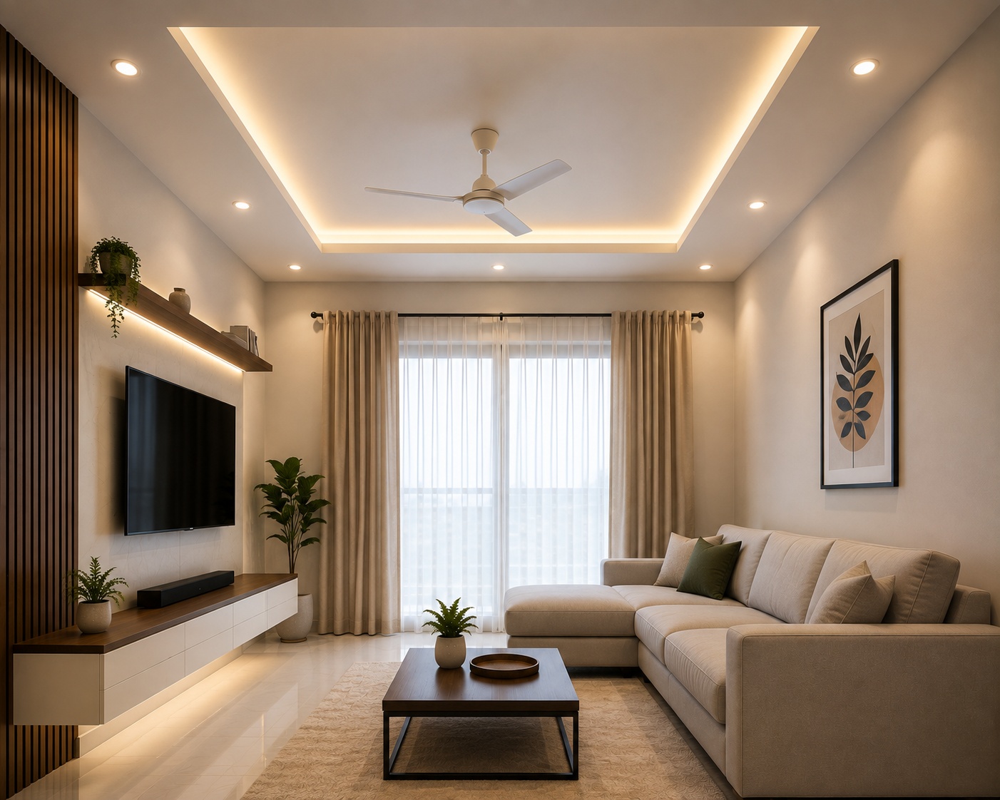 Simple false ceiling design with LED lighting for small modern home