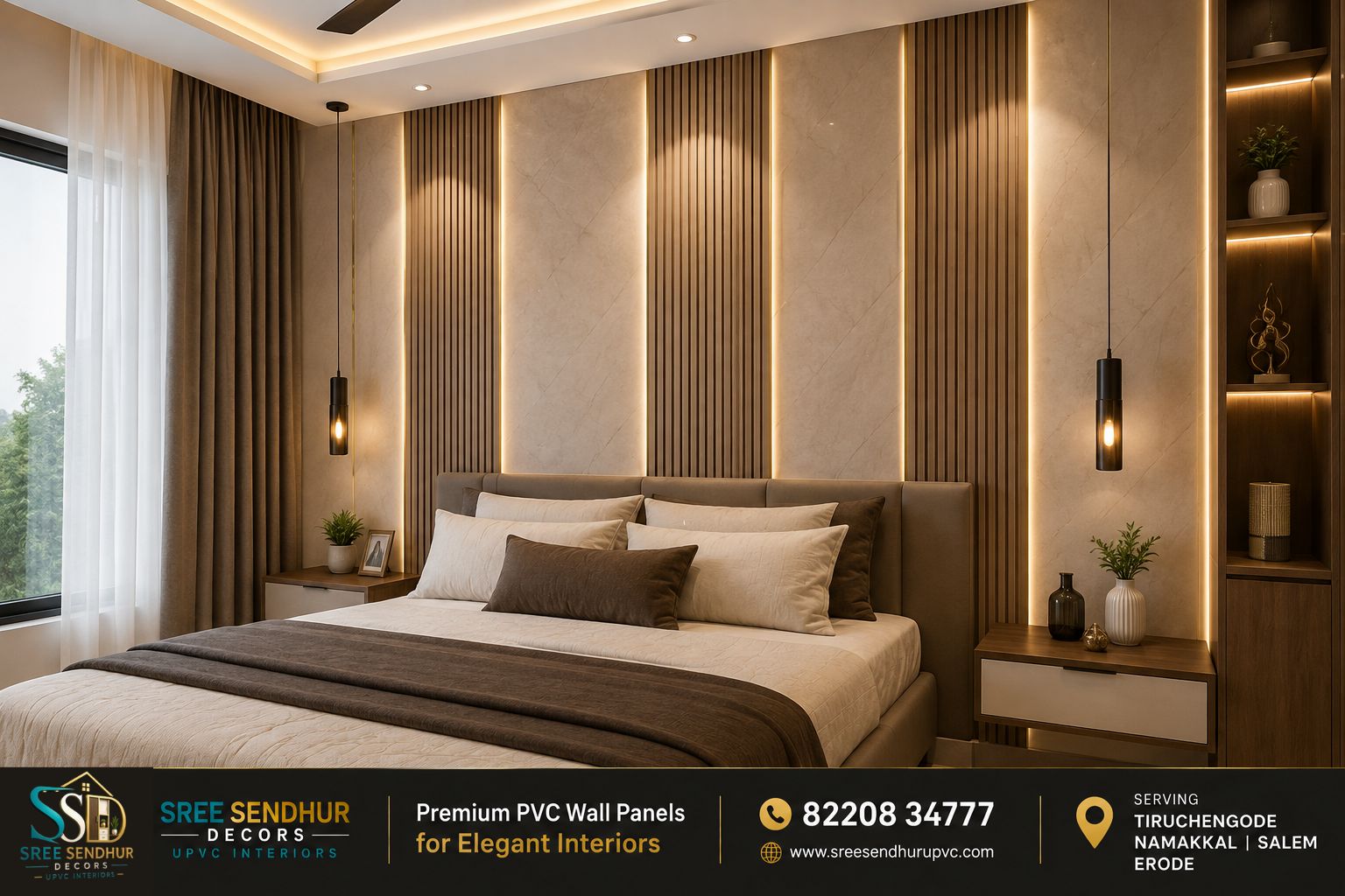 Luxury bedroom interior featuring decorative PVC wall panels with modern wooden finish and ambient LED lighting.