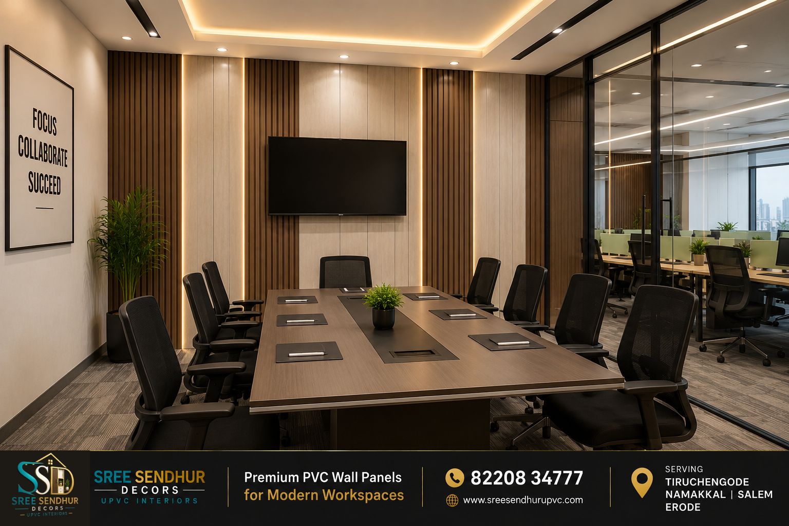 Modern office conference room designed with premium PVC wall panels and contemporary commercial interiors.
