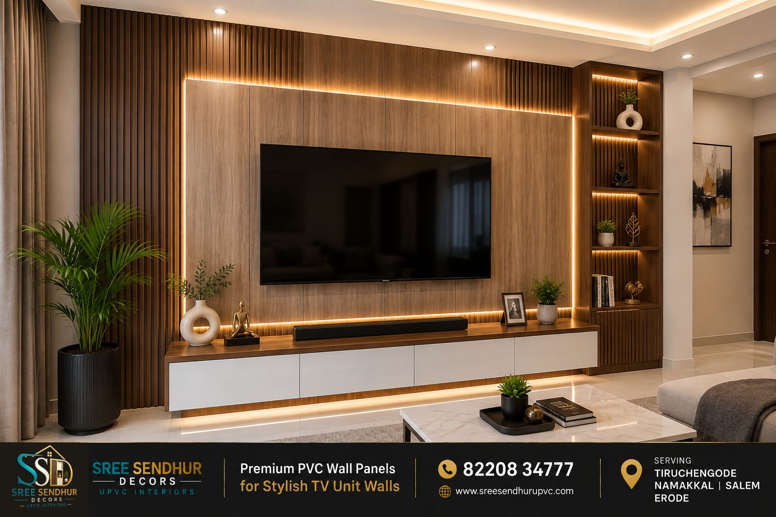 Modern TV unit wall designed with premium PVC wall panels, wooden finish, and decorative LED lighting.