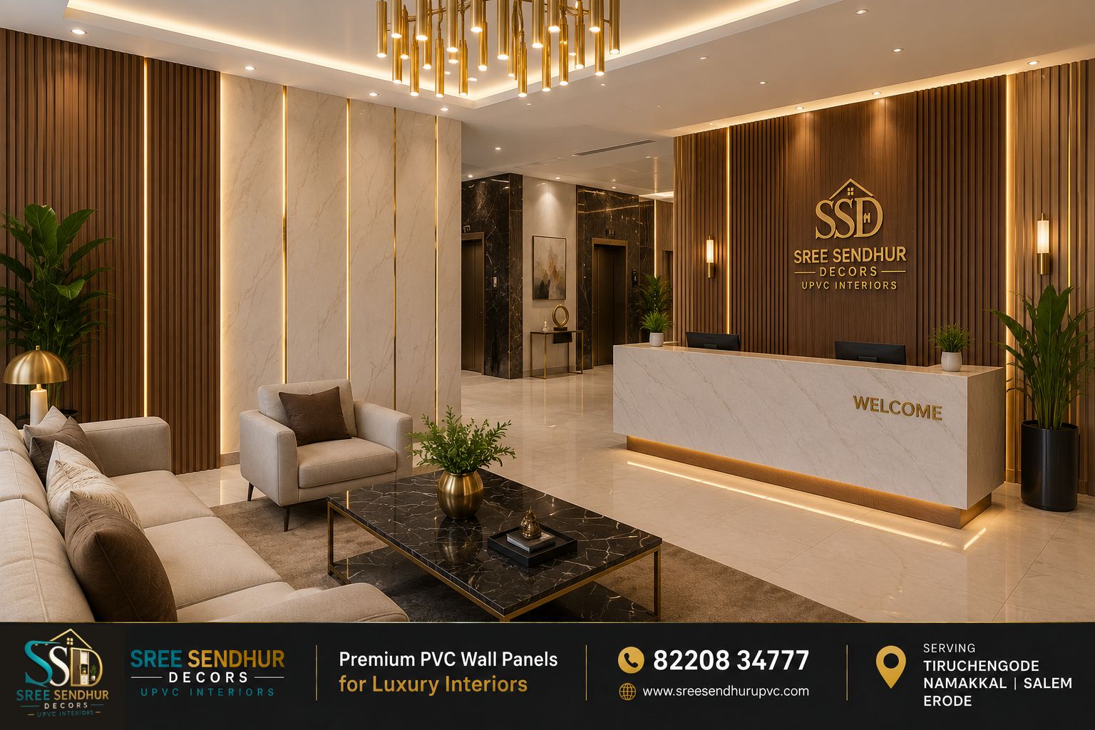 Luxury hotel lobby interior featuring premium PVC wall panels with elegant modern commercial design.