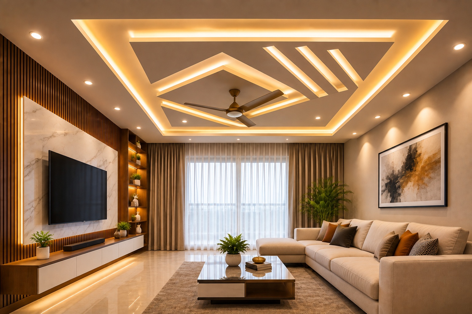 Modern geometric false ceiling design with LED lighting