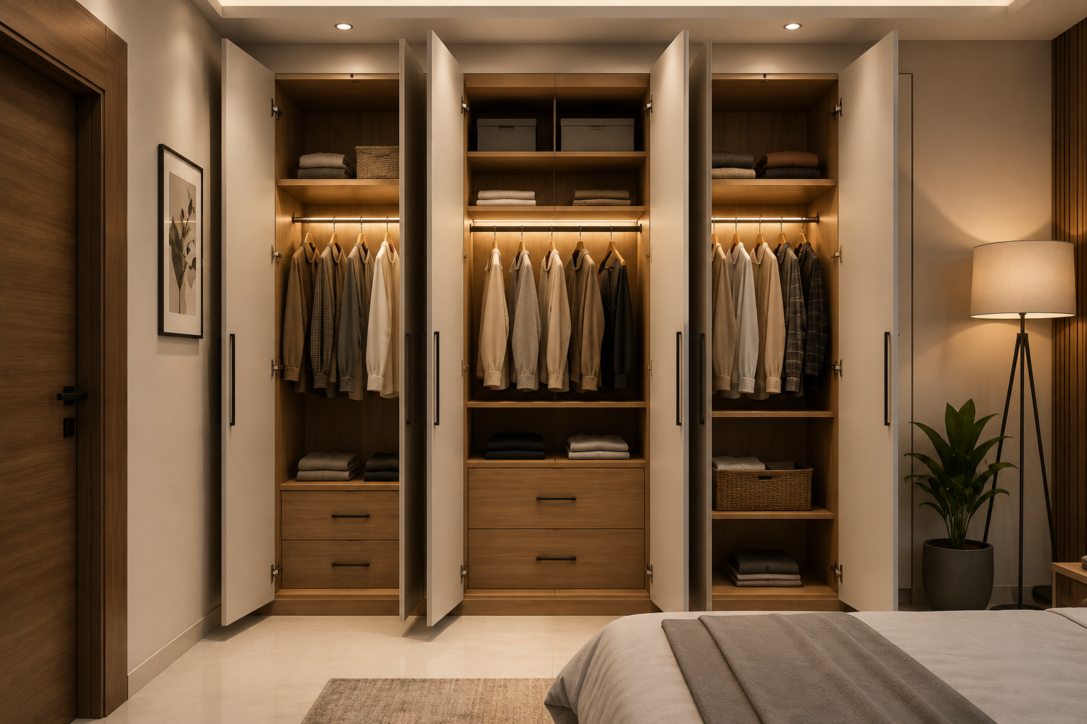 Modern hinged wardrobe design for bedroom with customized storage