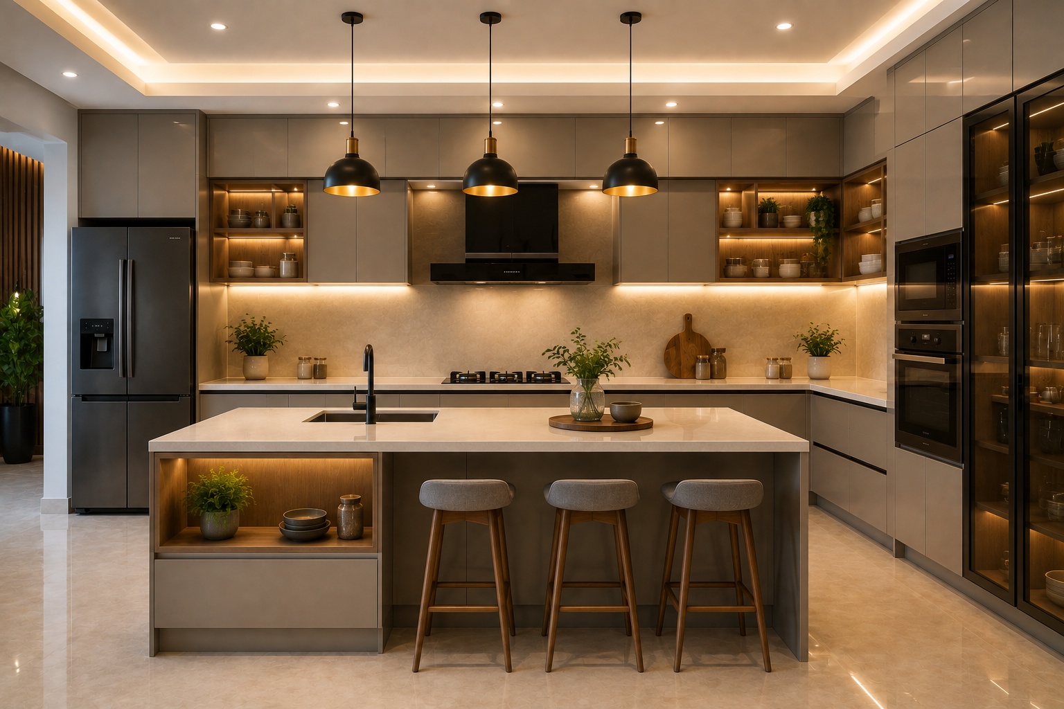 Modern island modular kitchen with central island, stylish cabinets and premium lighting