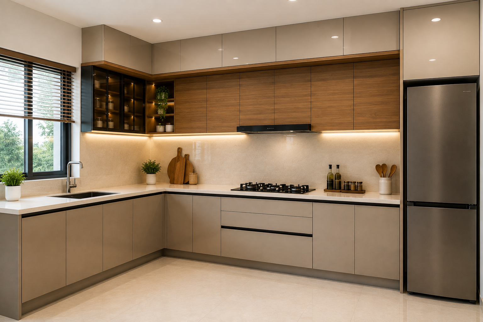 Modern L-shaped modular kitchen design with efficient storage and elegant cabinets