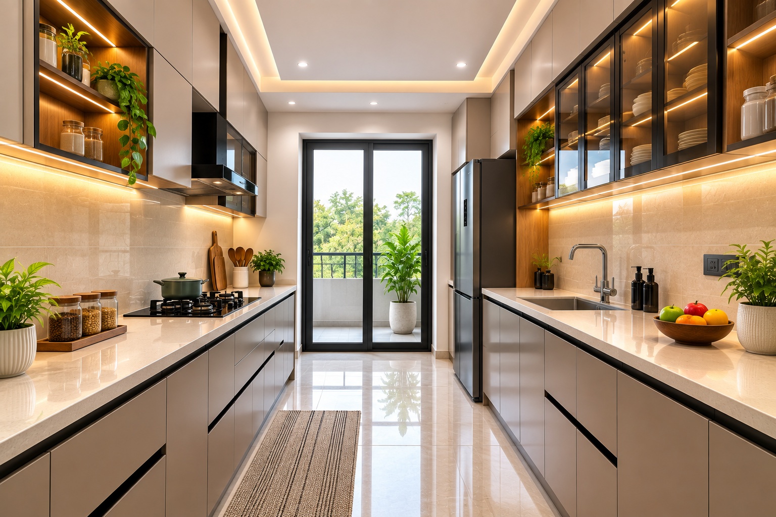 Modern parallel modular kitchen design with dual countertops and smart storage