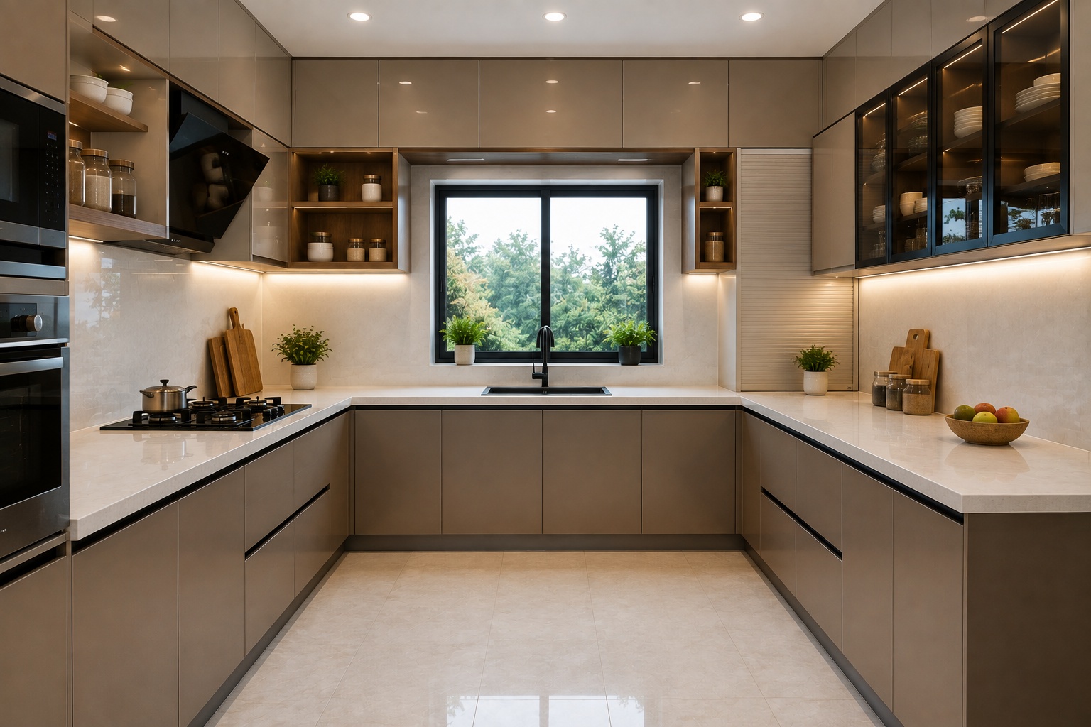 Modern U-shaped modular kitchen with spacious countertops and organized storage