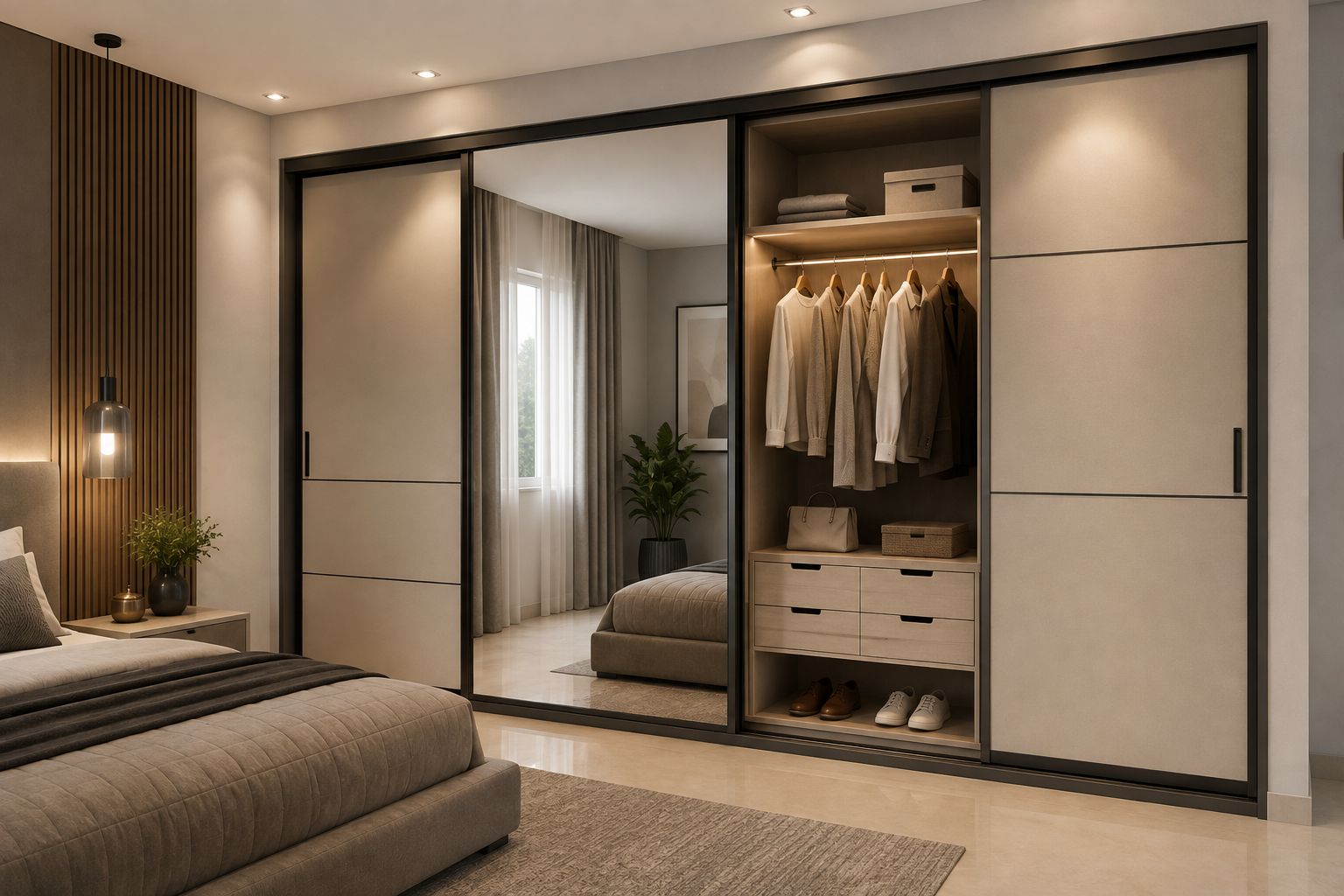 Modern sliding wardrobe design for bedroom with space-saving storage