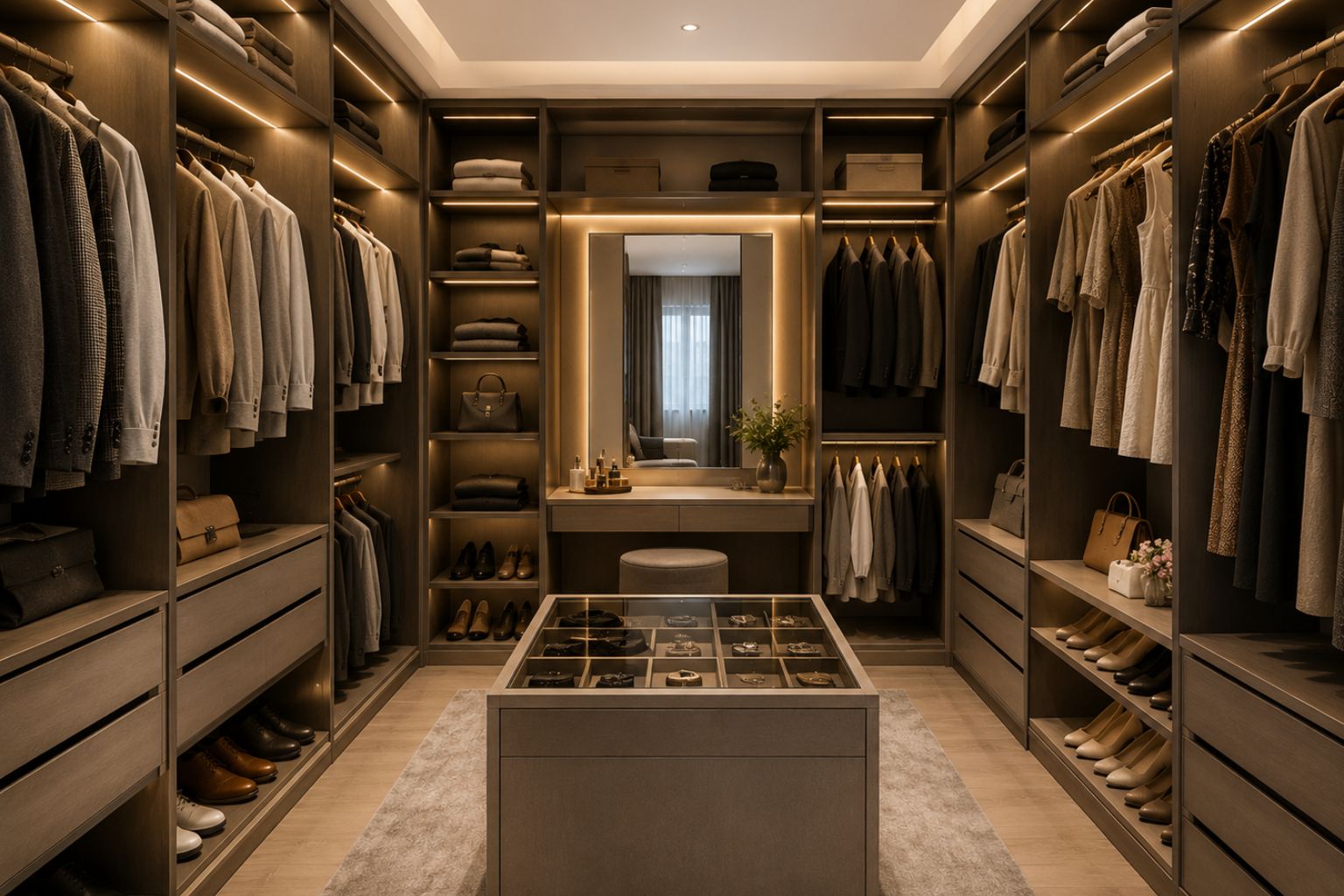 Luxury walk-in wardrobe design with organized bedroom storage