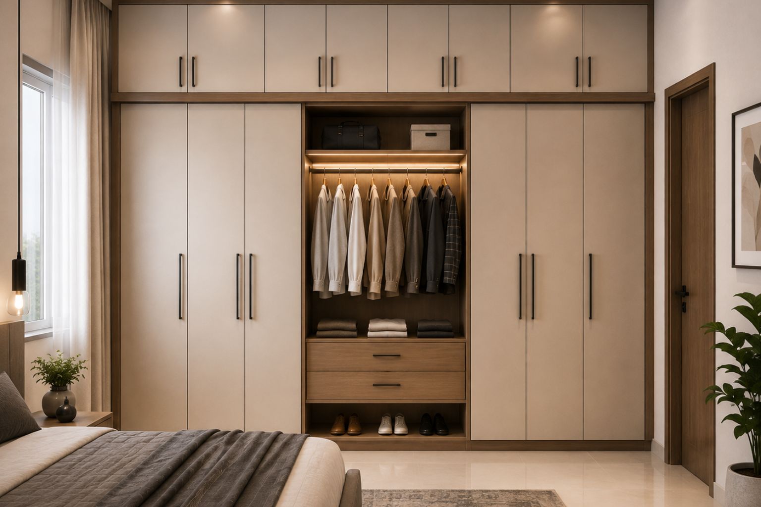 Modern loft wardrobe design with floor-to-ceiling bedroom storage