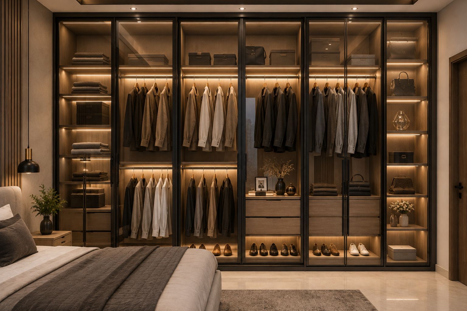 Modern glass door designer wardrobe for luxury bedroom interior