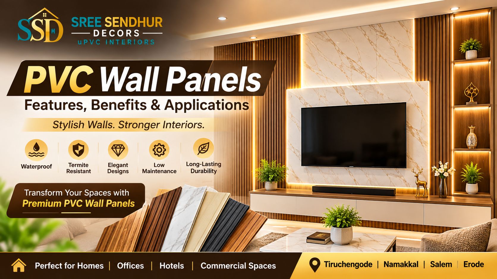 PVC Wall Panels โ Features, Benefits & Applications | Sree Sendhur Decors Premium PVC Wall Panels for modern living room interiors featuring stylish TV unit wall design, waterproof wall panels, wooden textures, and elegant home dรฉcor.