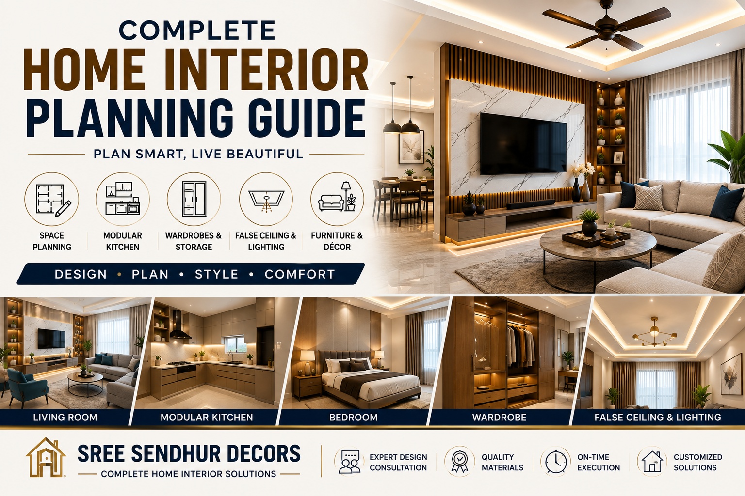 Complete Home Interior Planning Guide | Sree Sendhur Decors Complete home interior planning guide with modern living room kitchen bedroom and wardrobe designs