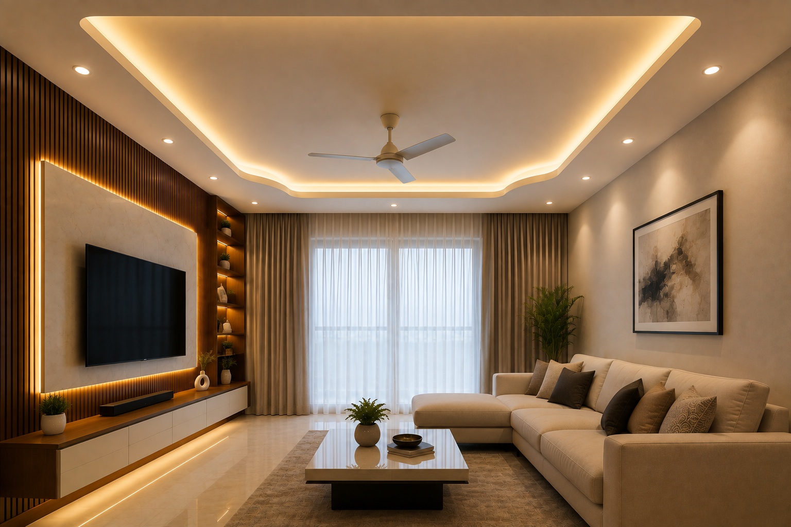 False ceiling with cove lighting for modern living room interior