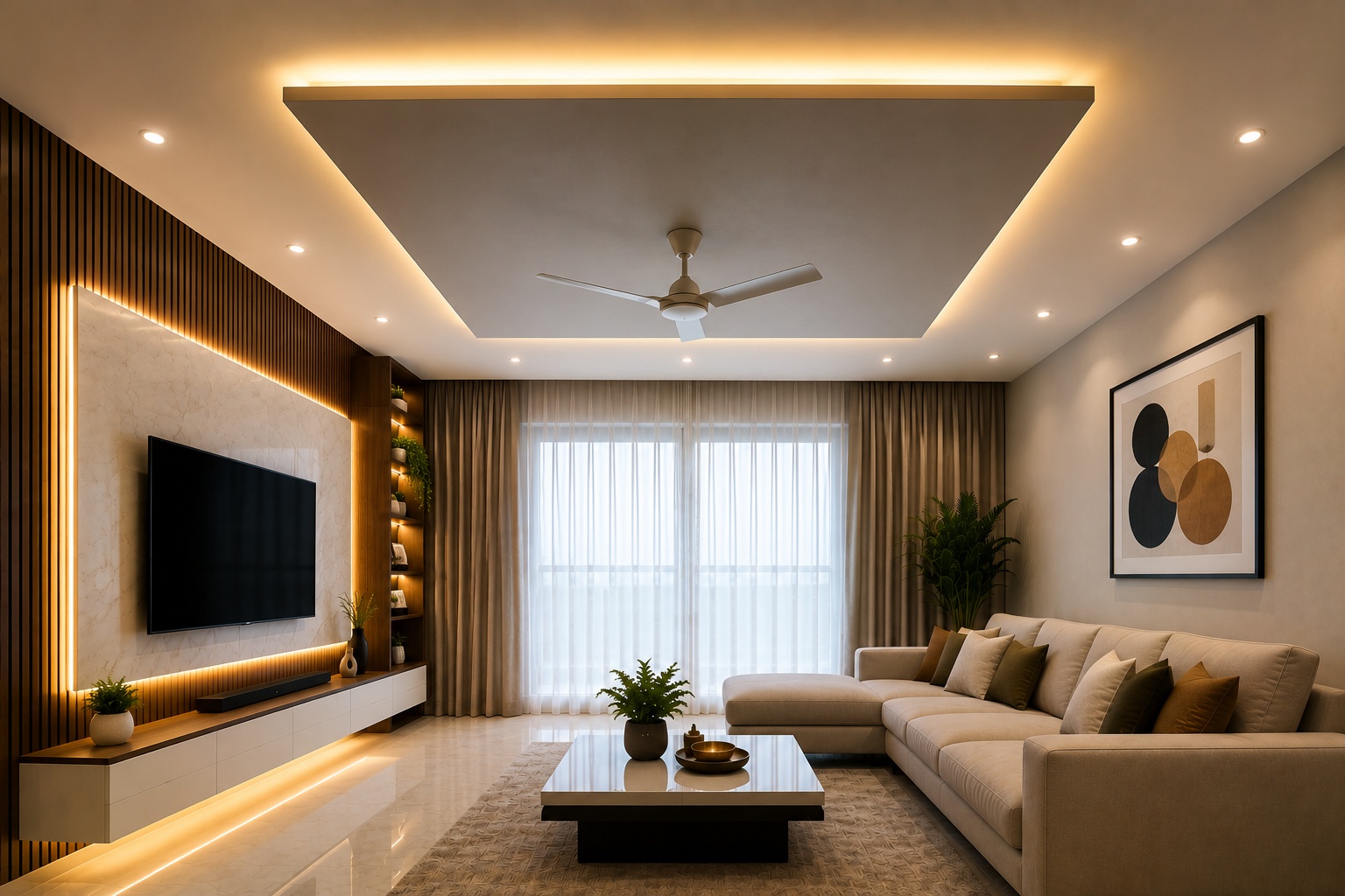 Modern floating false ceiling design with concealed LED lighting