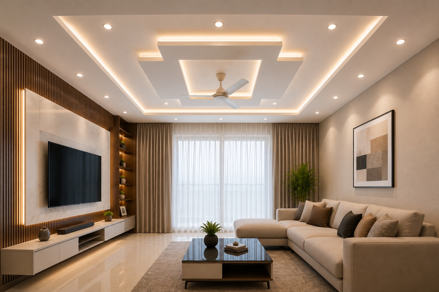 Modern gypsum false ceiling design with recessed LED lights