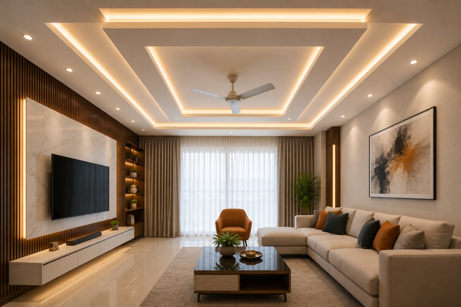 Layered false ceiling with LED lighting for modern living room