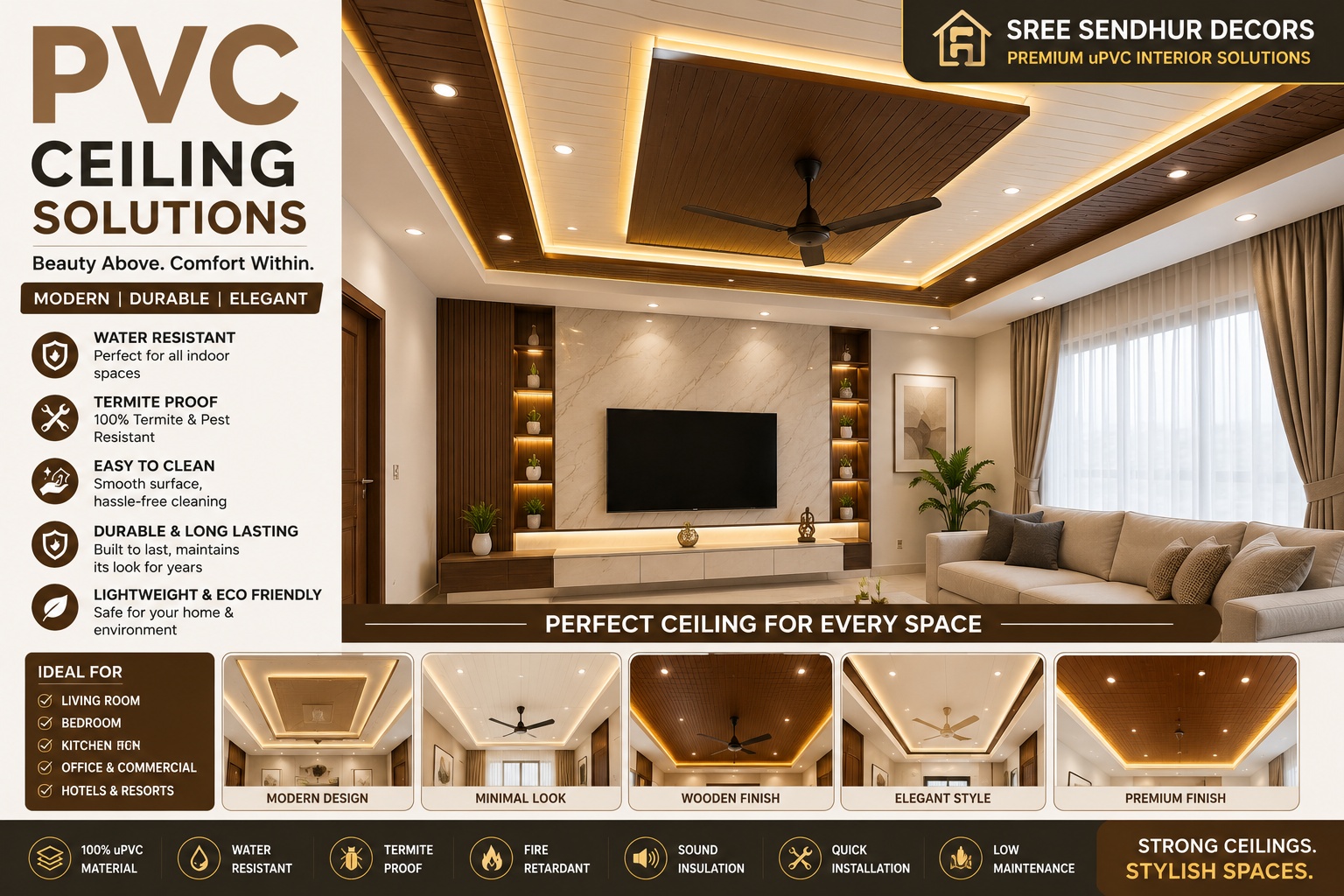 Modern PVC ceiling design with wooden finish and LED lighting in living room