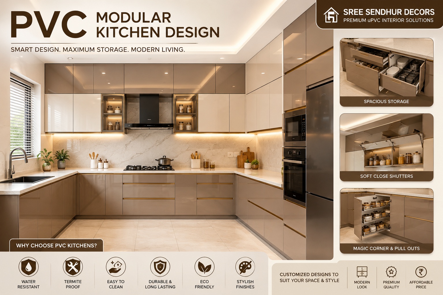 Modern PVC modular kitchen design with smart storage and stylish cabinets