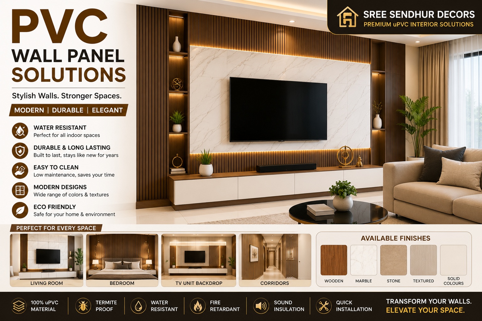 Modern PVC wall panel design with elegant TV unit backdrop for living room