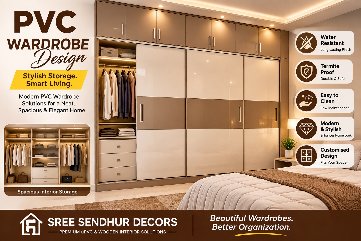 Modern PVC wardrobe design with spacious storage in a stylish bedroom
