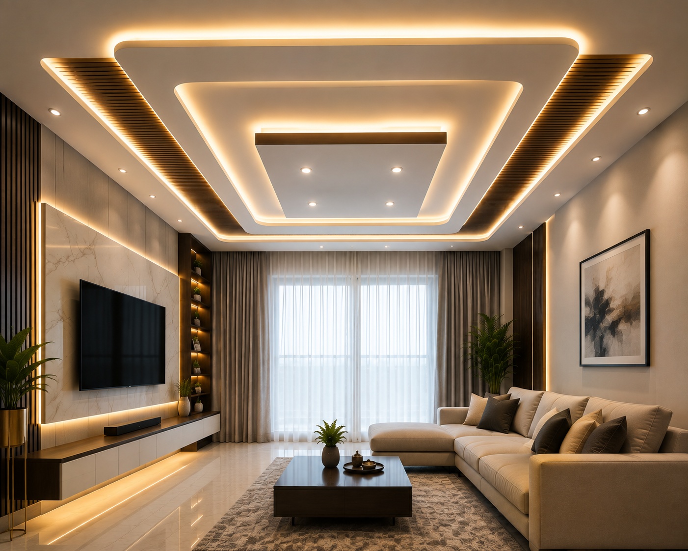 Smart false ceiling with integrated lighting for modern home interior